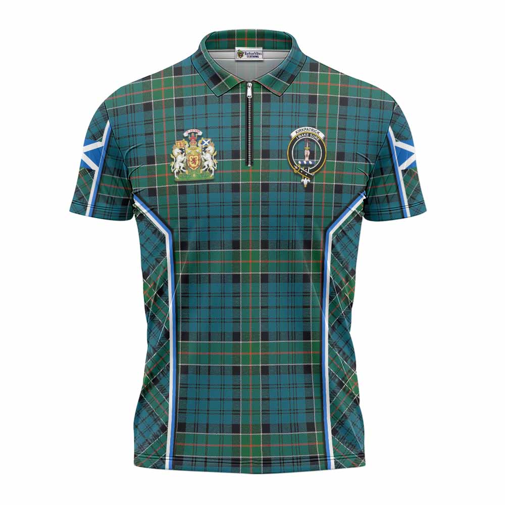 Kirkpatrick Tartan Crest Zipper Polo Shirt Scotland Coat of Arm Flag Style - Tartan Vibes Clothing