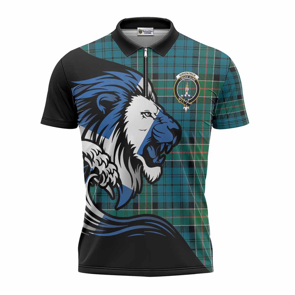 Kirkpatrick Tartan Crest Zipper Polo Shirt Scottish Golden Lions Wave Flow