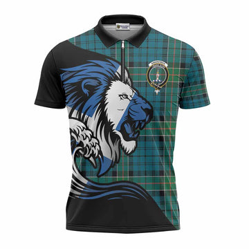 Kirkpatrick Tartan Crest Zipper Polo Shirt Scottish Golden Lions Wave Flow