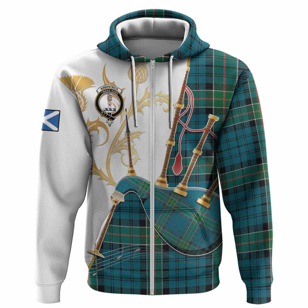 Kirkpatrick Tartan Family Crest Hoodie Bagpipes with Scottish Thistle