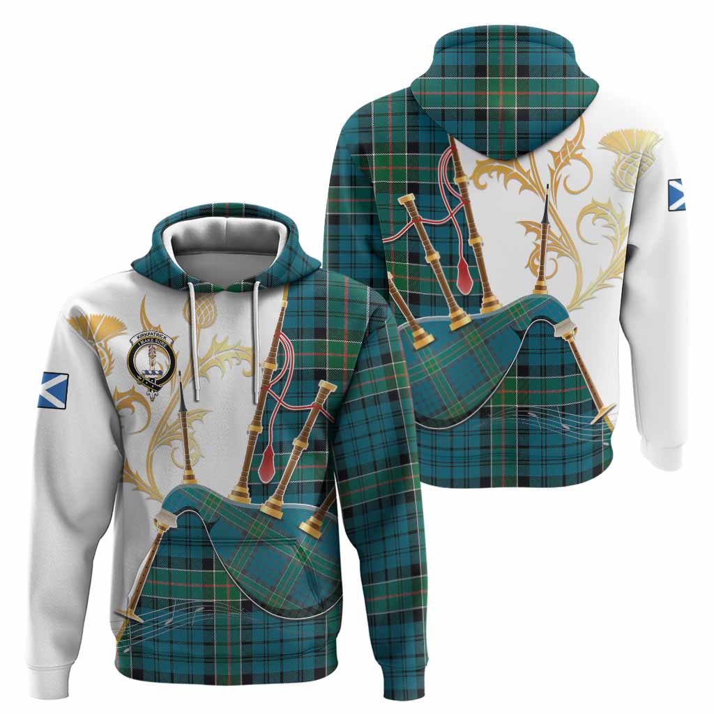Kirkpatrick Tartan Family Crest Hoodie Bagpipes with Scottish Thistle