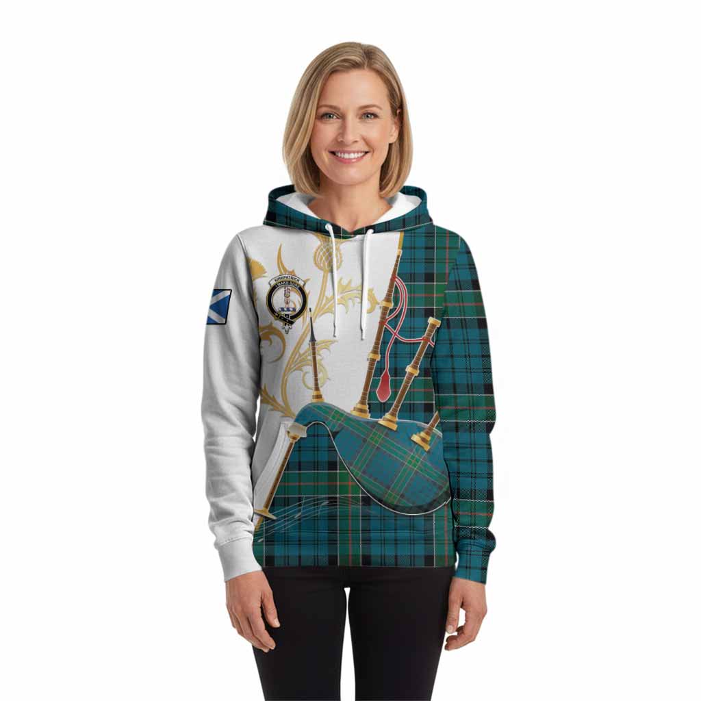 Kirkpatrick Tartan Family Crest Hoodie Bagpipes with Scottish Thistle