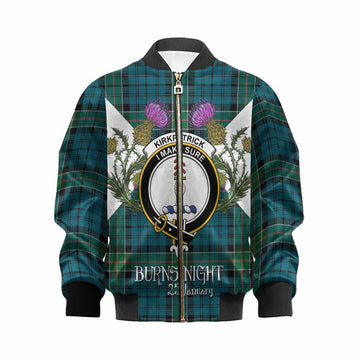Kirkpatrick Tartan Family Crest Kid Bomber Jacket Scottish Burns Night Thistle Floral