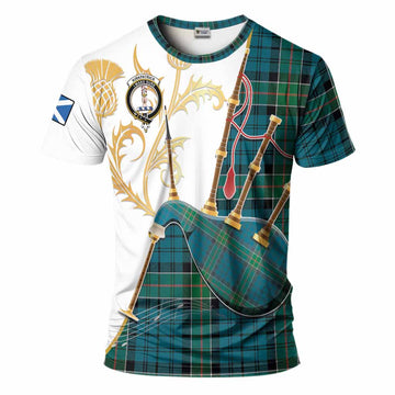 Kirkpatrick Tartan Family Crest T-Shirt Bagpipes with Scottish Thistle