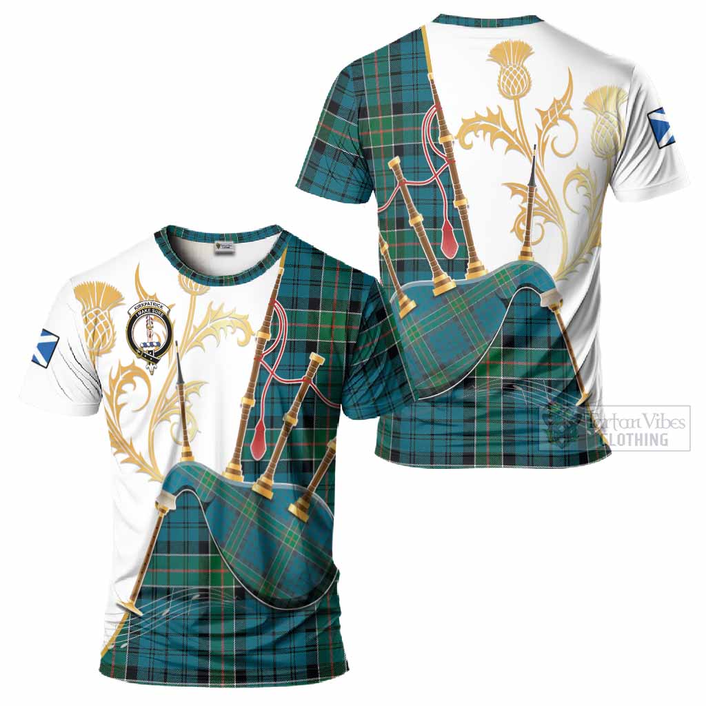Kirkpatrick Tartan Family Crest T-Shirt Bagpipes with Scottish Thistle