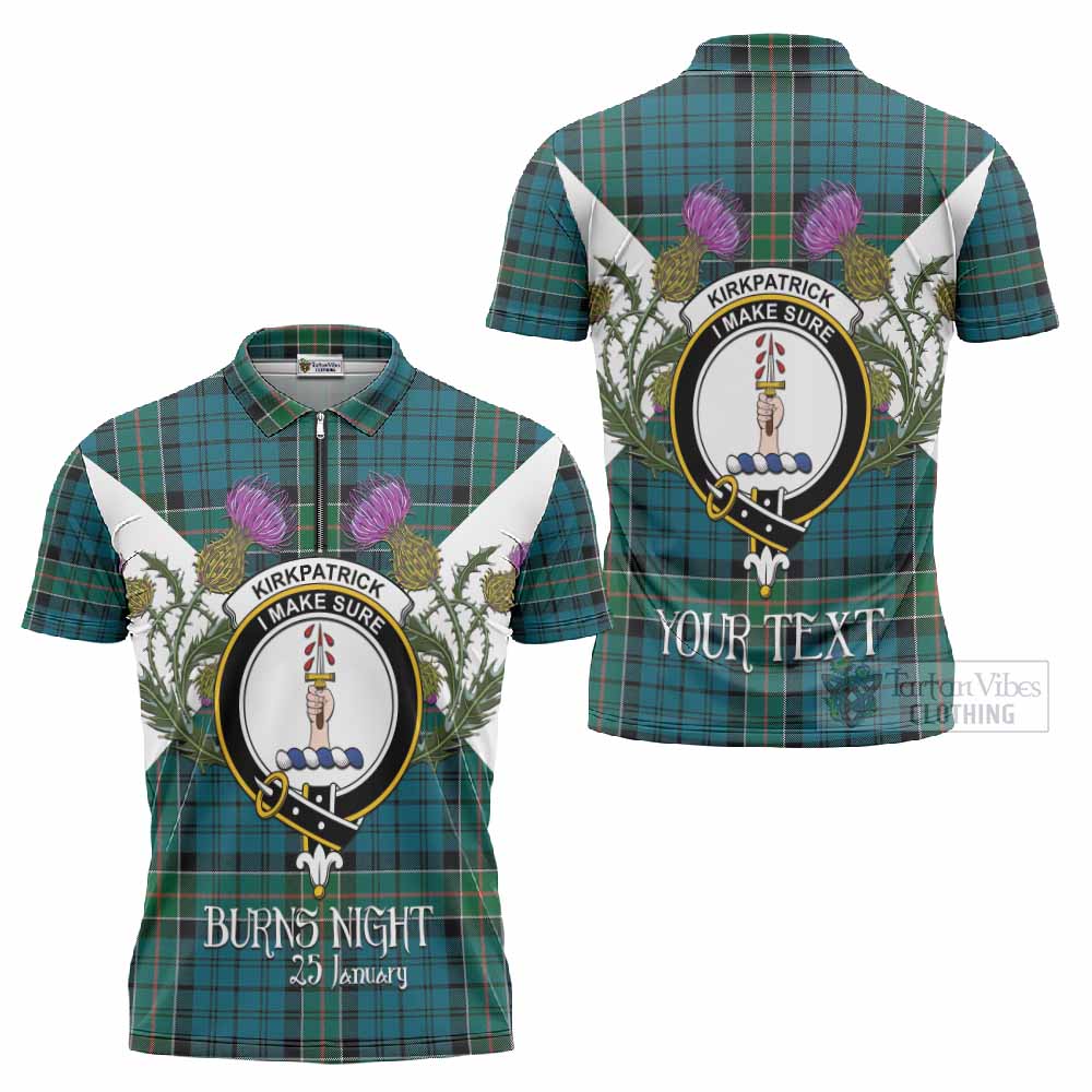 Kirkpatrick Tartan Family Crest Zipper Polo Shirt Scottish Burns Night Thistle Floral