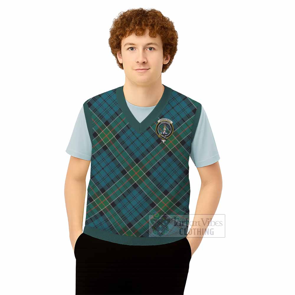 Kirkpatrick Tartan Knitted V-Neck Vest with Family Crest Cross Style