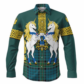 Kirkpatrick Tartan Long Sleeve Button Shirts Unicorn Celtic Knot And Thistle Emblem