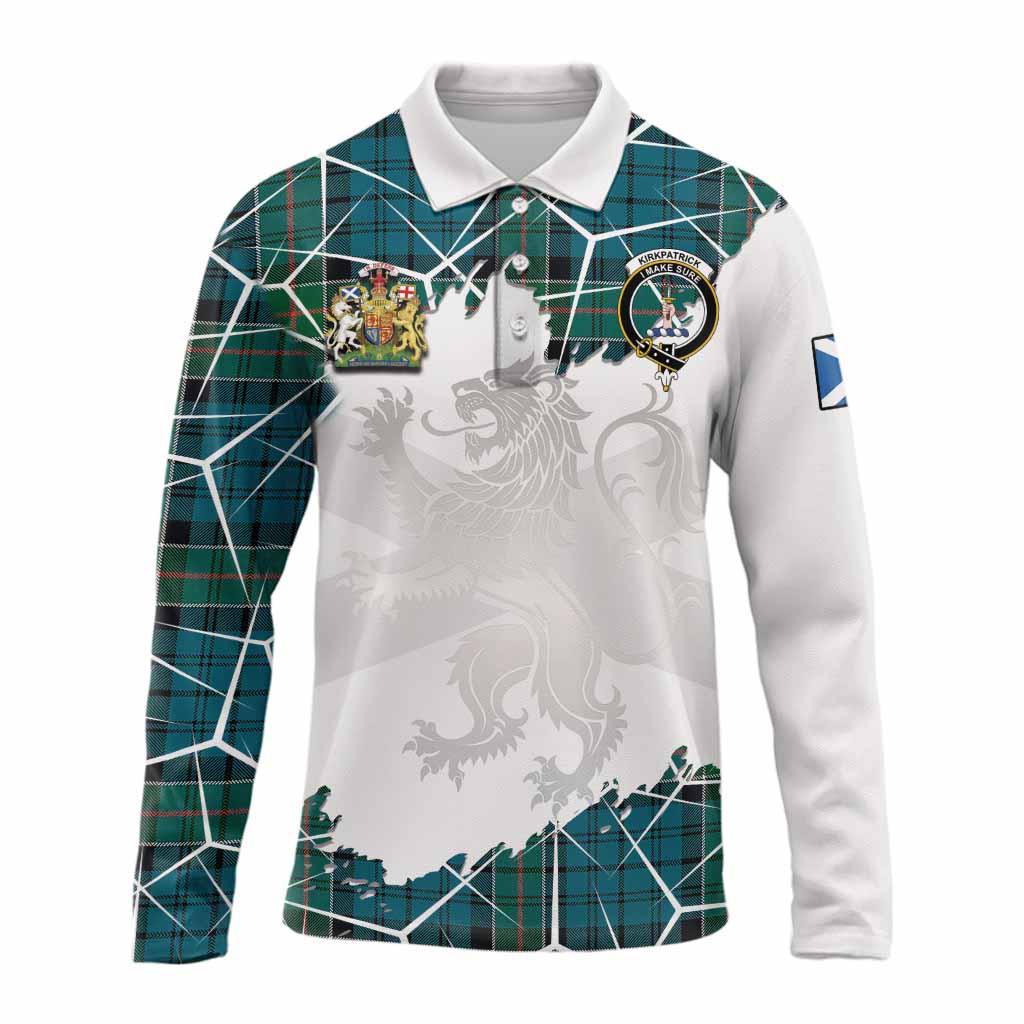 Kirkpatrick Tartan Long Sleeve Polo Shirt with Family Crest and Lion Rampant Grunge Style