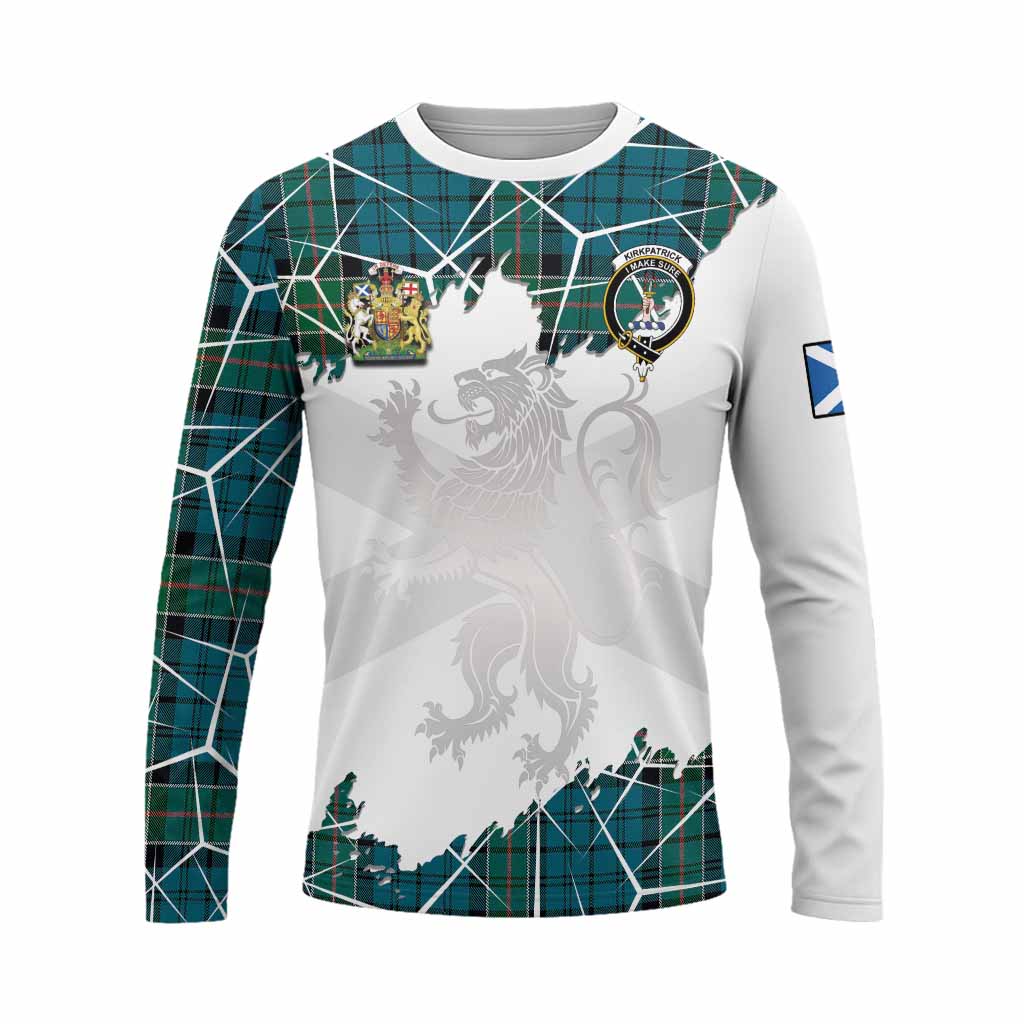 Kirkpatrick Tartan Long Sleeve T-Shirt with Family Crest and Lion Rampant Grunge Style
