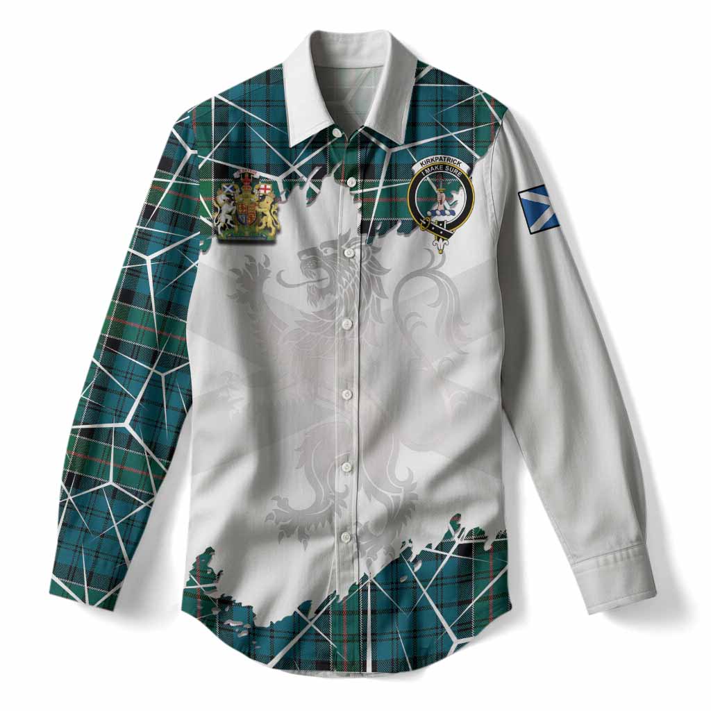 Kirkpatrick Tartan Women Casual Shirt with Family Crest and Lion Rampant Grunge Style