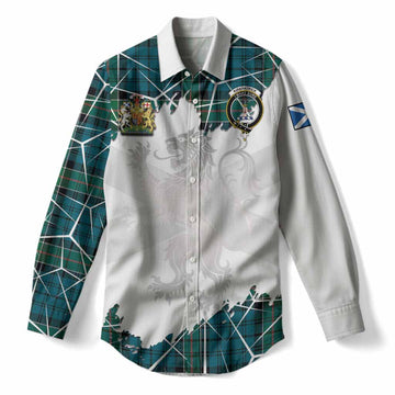 Kirkpatrick Tartan Women Casual Shirt with Family Crest and Lion Rampant Grunge Style