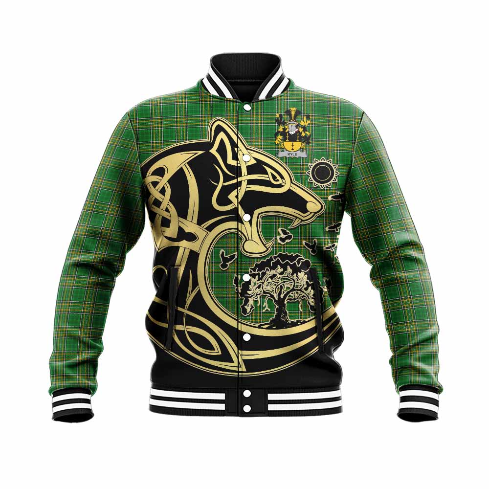 Kyle Irish Tartan Baseball Jacket with Coat of Arms Celtic Wolf Style Unisex - Tartan Vibes Clothing
