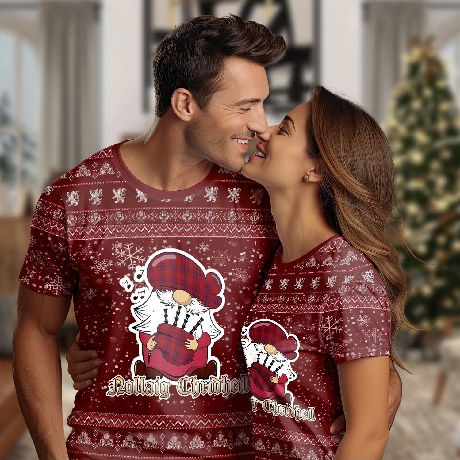Kyle Clan Christmas Family T-Shirt with Funny Gnome Playing Bagpipes Women's Shirt Red - Tartanvibesclothing