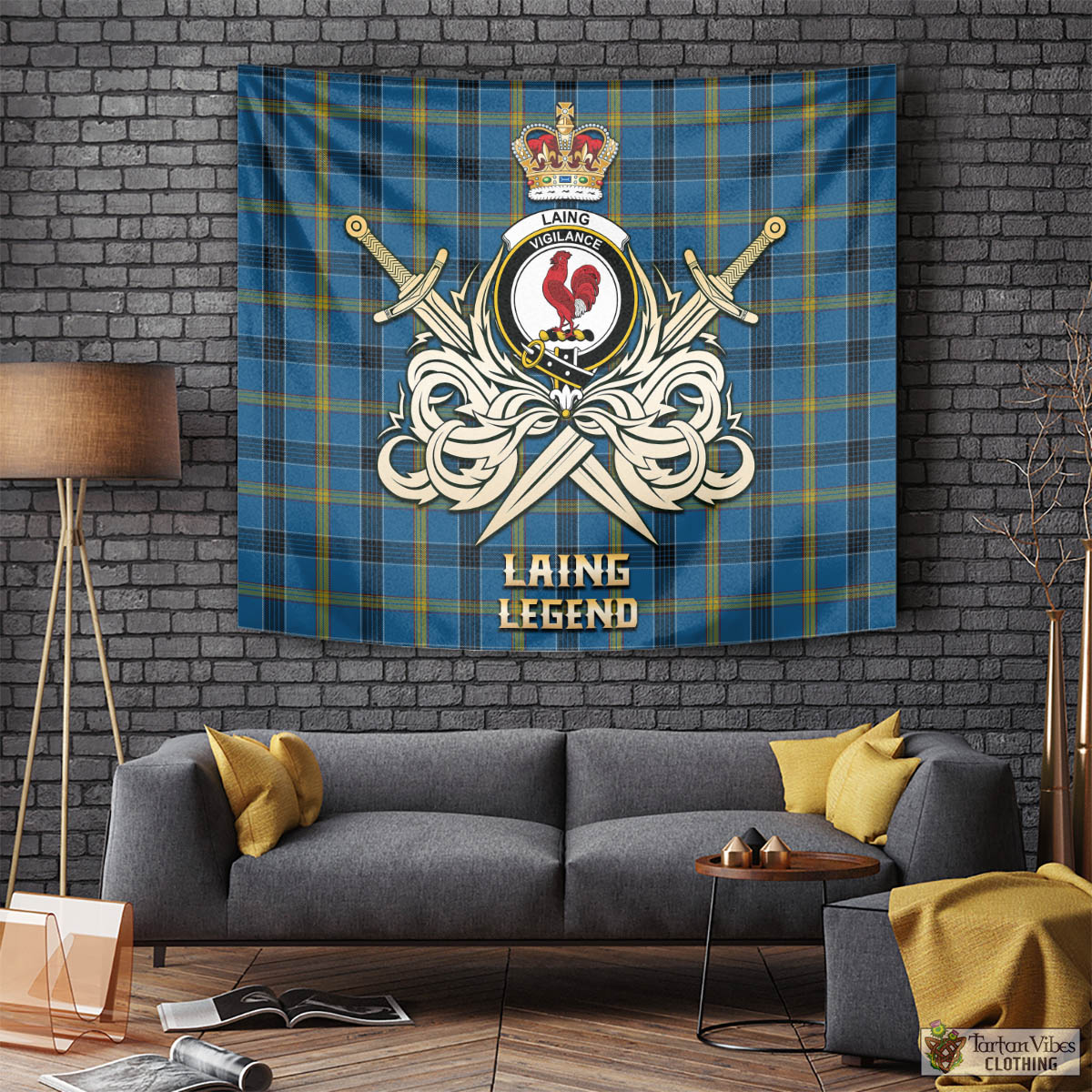 Tartan Vibes Clothing Laing Tartan Tapestry with Clan Crest and the Golden Sword of Courageous Legacy