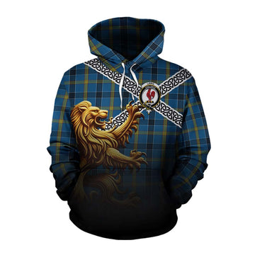 Laing Crest Tartan Cotton Hoodie with Golden Lion Emblem Celtic Style