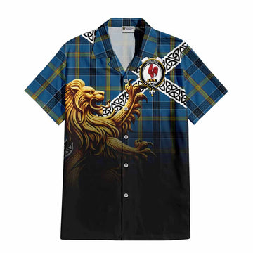 Laing Crest Tartan Hawaiian Shirt with Golden Lion Emblem Celtic Style