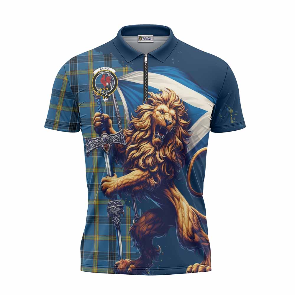 Tartan Vibes Clothing Laing Tartan Family Crest Zipper Polo Shirt with Scottish Majestic Lion