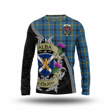 Laing Tartan Family Crest Long Sleeve T-Shirt Lion Rampant Royal Thistle Shield Celtic Inspired