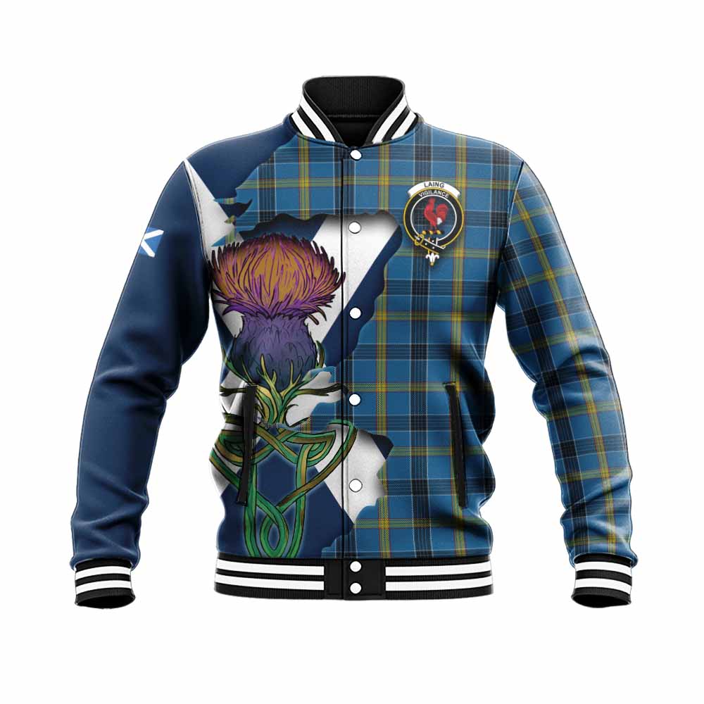 Tartan Vibes Clothing Laing Tartan Family Crest Baseball Jacket Scottish Thistle Celtic Inspired