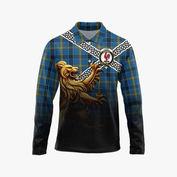 Laing Crest Tartan Long Sleeve Polo Shirt with Golden Lion Emblem Celtic Style