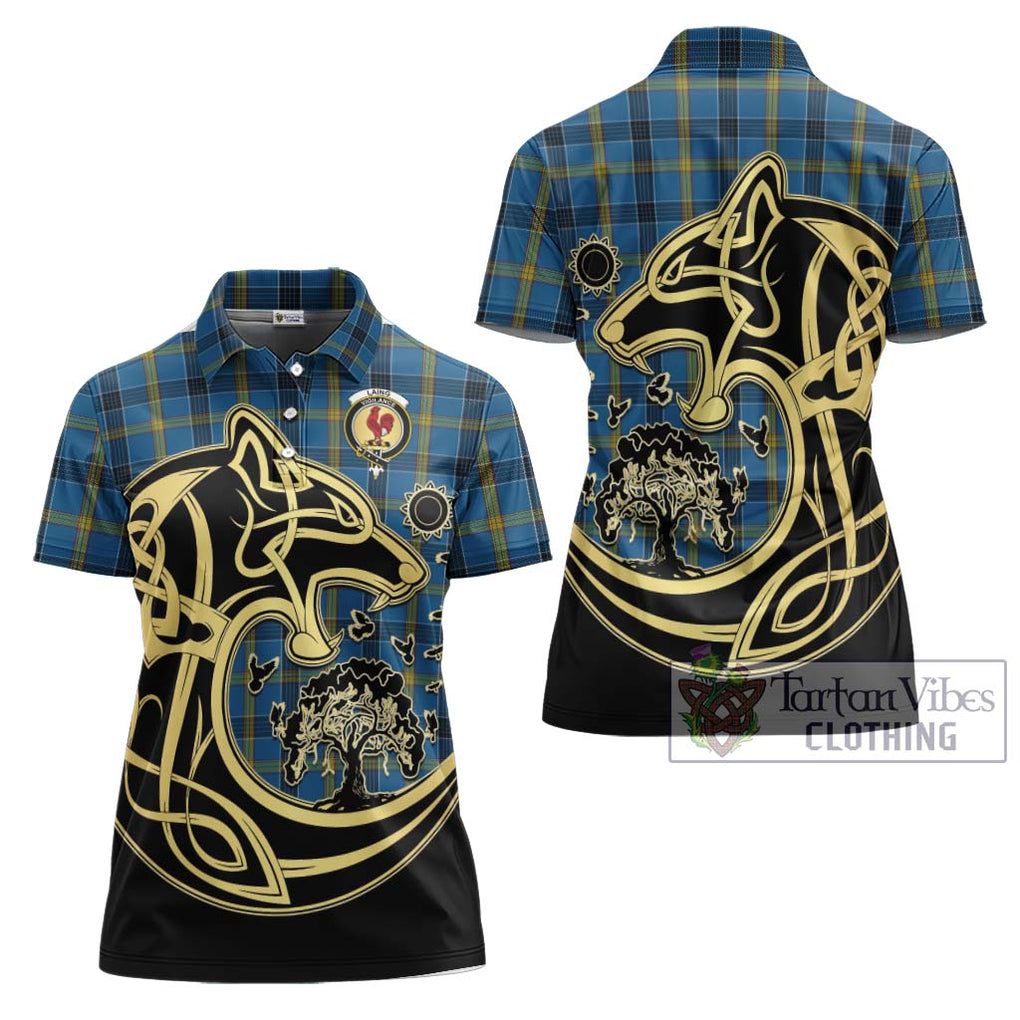 Laing Tartan Women's Polo Shirt with Family Crest Celtic Wolf Style Women - Tartanvibesclothing Shop