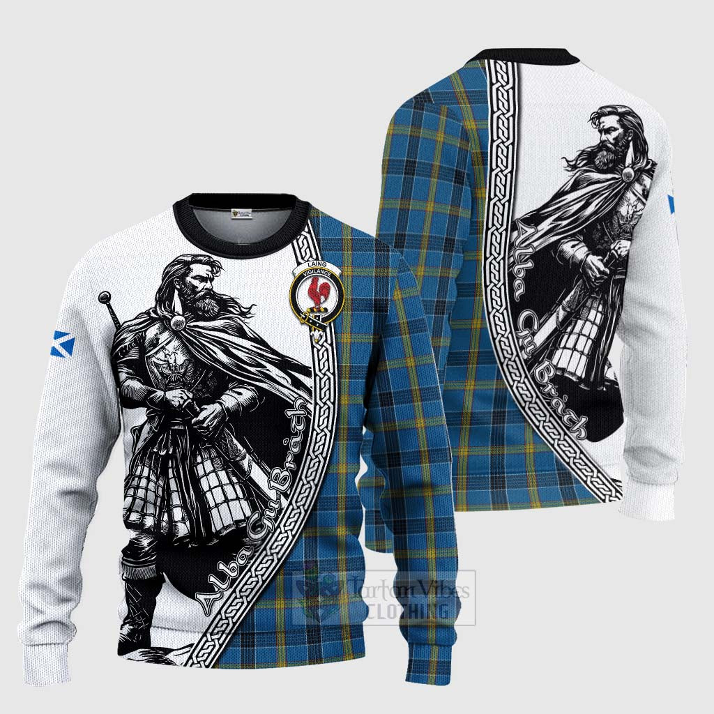 Tartan Vibes Clothing Laing Tartan Clan Crest Knitted Sweater with Highlander Warrior Celtic Style