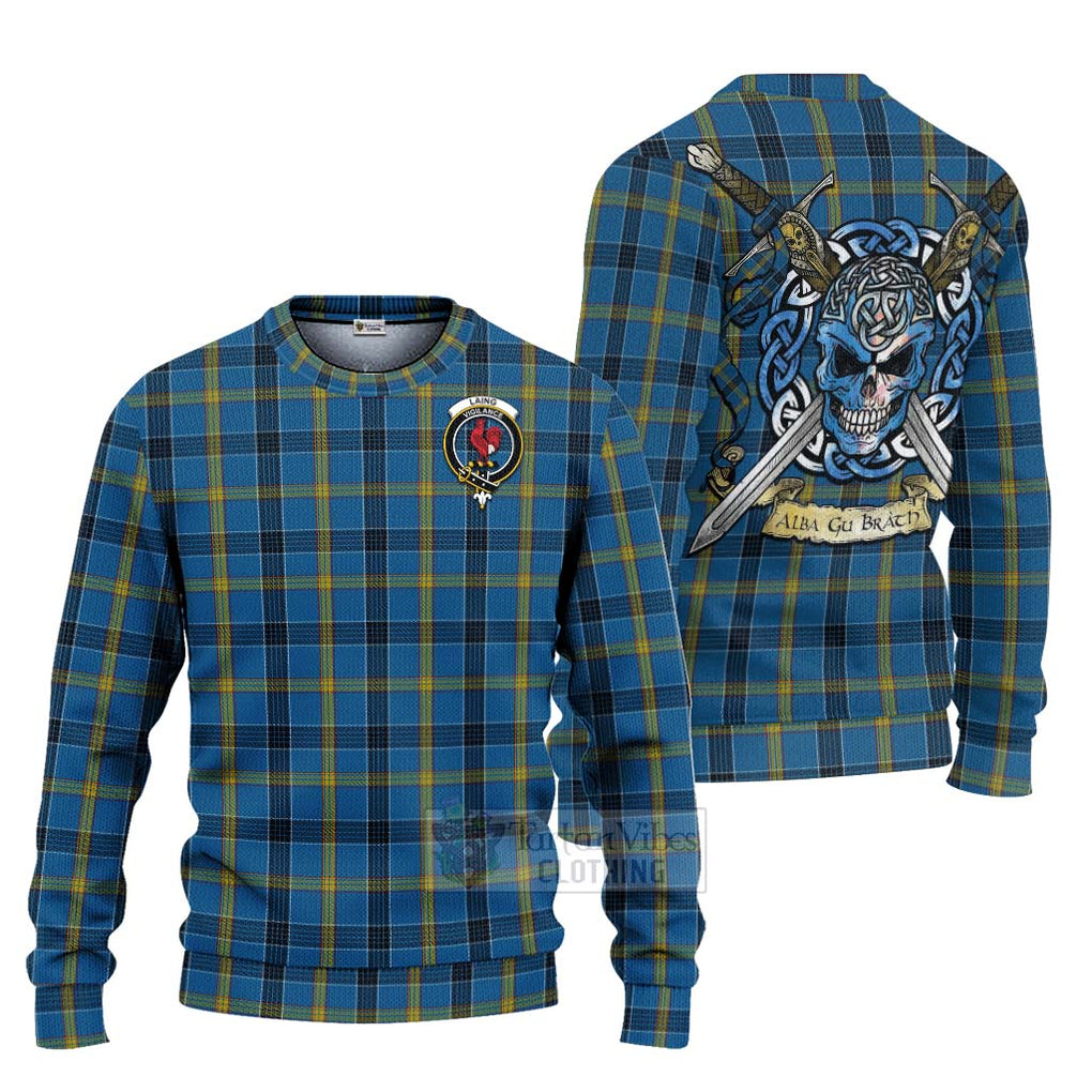 Tartan Vibes Clothing Laing Tartan Knitted Sweater with Family Crest Celtic Skull Style