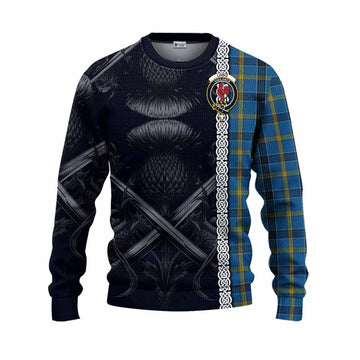 Tartan Vibes Clothing Laing Tartan Knitted Sweater with Family Crest Cross Sword Thistle Celtic Vibes