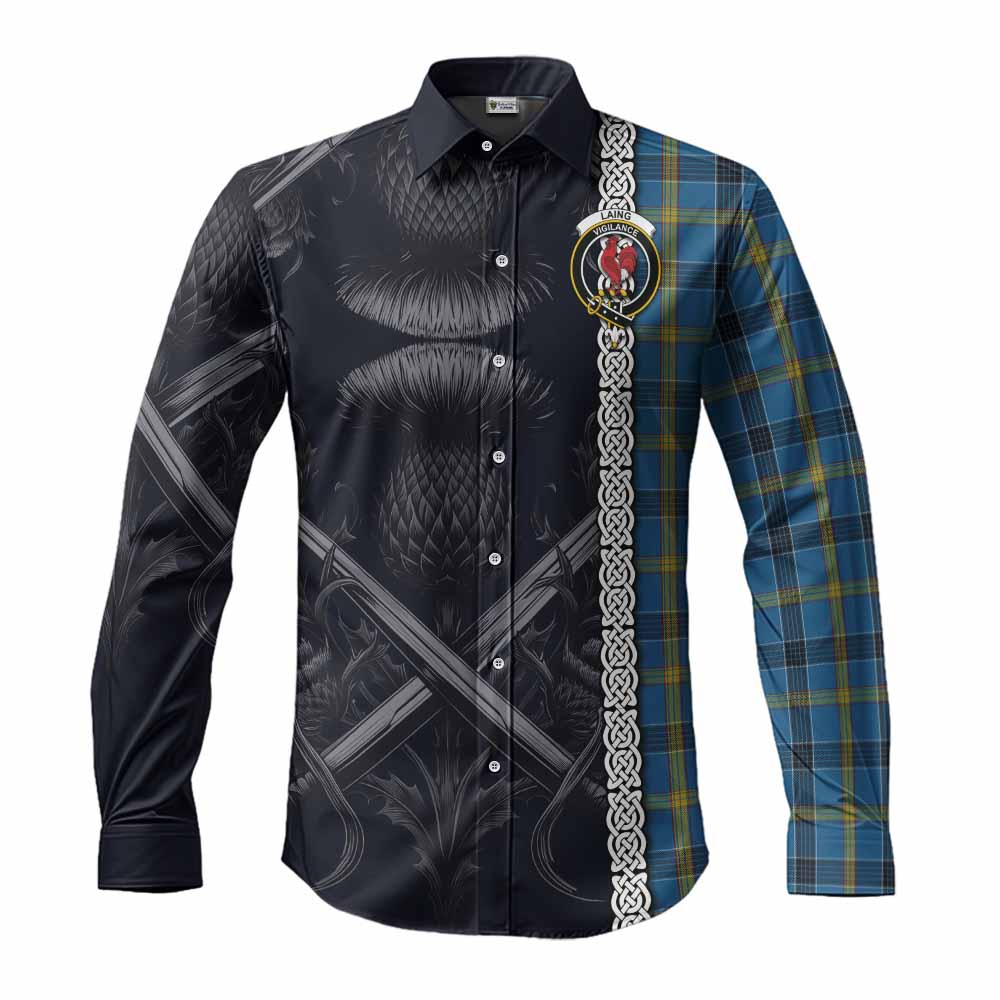 Tartan Vibes Clothing Laing Tartan Long Sleeve Button Shirt with Family Crest Cross Sword Thistle Celtic Vibes
