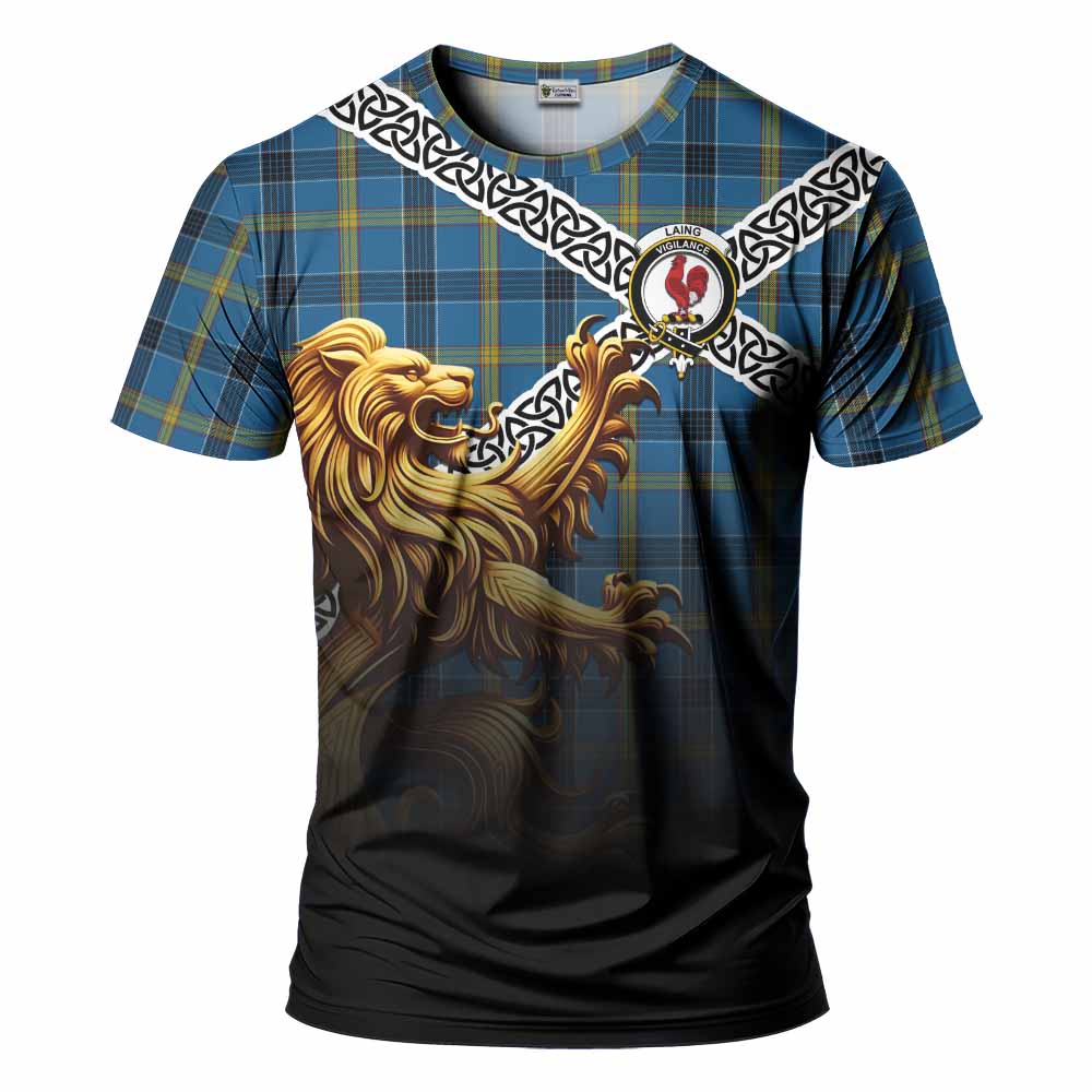 Tartan Vibes Clothing Laing Crest Tartan T-Shirt with Golden Lion Emblem Celtic Style