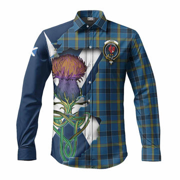 Laing Tartan Family Crest Long Sleeve Button Shirt Scottish Thistle Celtic Inspired