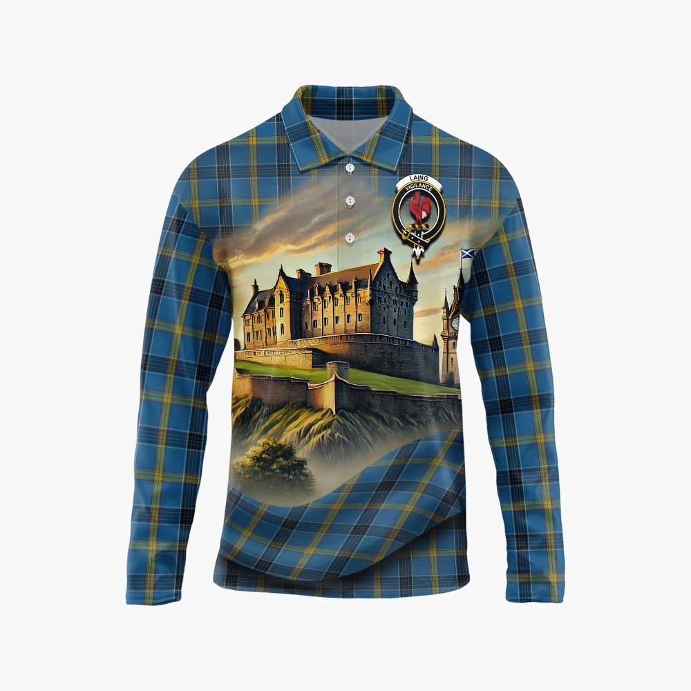 Tartan Vibes Clothing Laing Tartan Family Crest Long Sleeve Polo Shirt with Scottish Ancient Castle Style