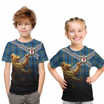 Laing Crest Tartan Kid T-Shirt with Golden Lion Emblem Celtic Style