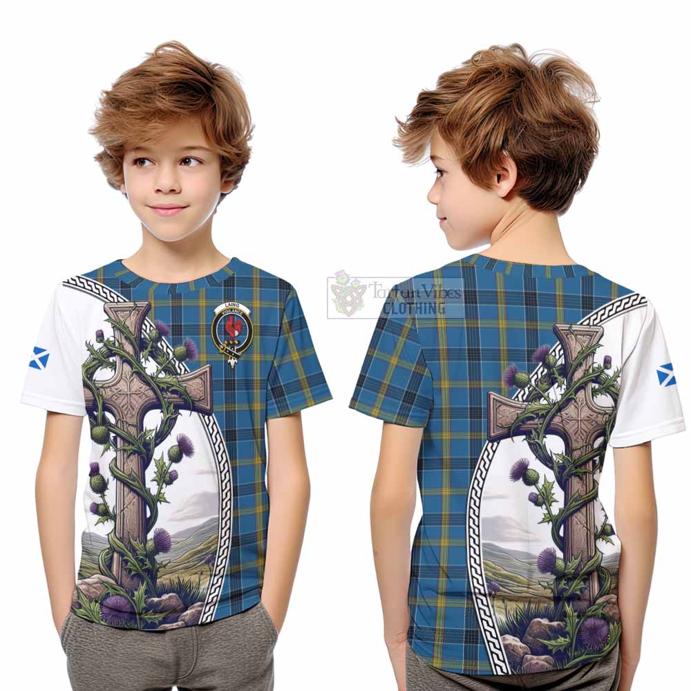 Tartan Vibes Clothing Laing Tartan Kid T-Shirt with Family Crest and St. Andrew's Cross Accented by Thistle Vines