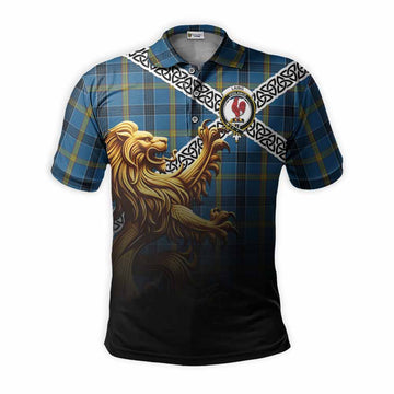 Laing Crest Tartan Polo Shirt with Golden Lion Emblem Celtic Style