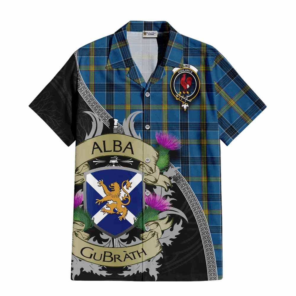 Tartan Vibes Clothing Laing Tartan Family Crest Short Sleeve Button Shirt Lion Rampant Royal Thistle Shield Celtic Inspired