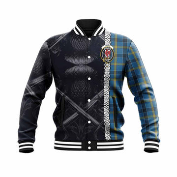 Laing Tartan Baseball Jacket with Family Crest Cross Sword Thistle Celtic Vibes