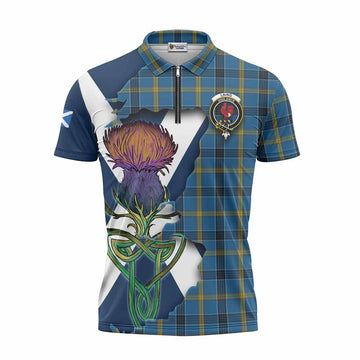 Laing Tartan Family Crest Zipper Polo Shirt Scottish Thistle Celtic Inspired