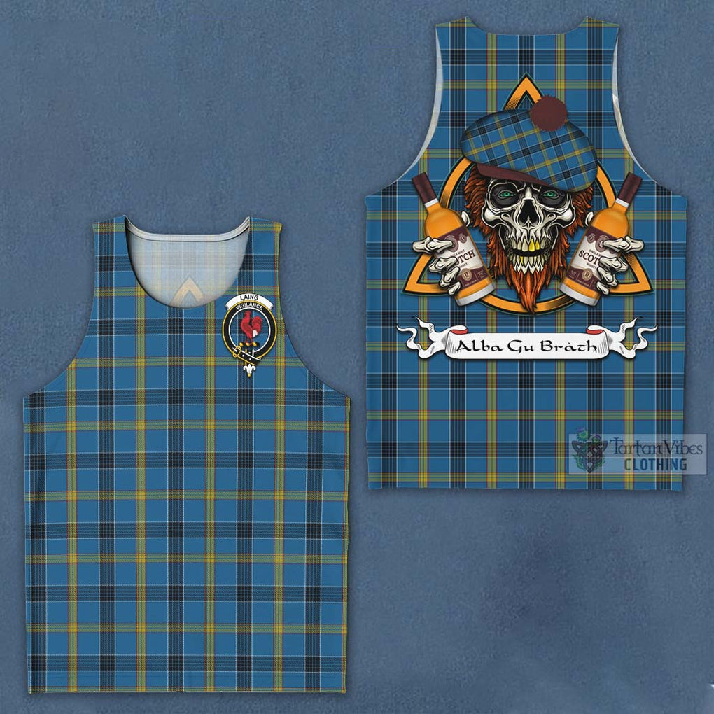 Tartan Vibes Clothing Laing Tartan Men's Tank Top with Family Crest and Bearded Skull Holding Bottles of Whiskey