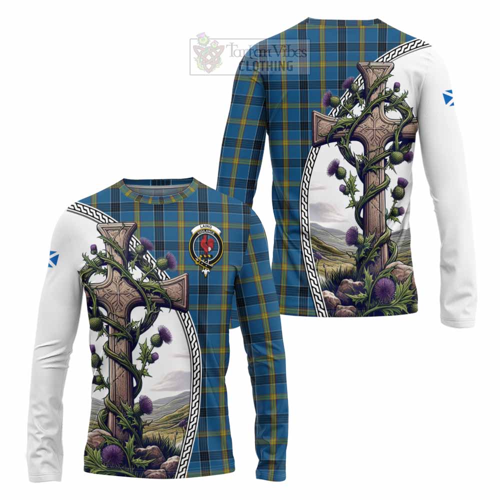 Tartan Vibes Clothing Laing Tartan Long Sleeve T-Shirt with Family Crest and St. Andrew's Cross Accented by Thistle Vines