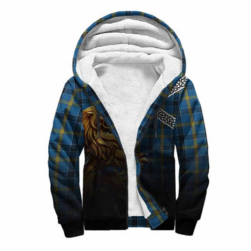 Laing Crest Tartan Sherpa Hoodie with Golden Lion Emblem Celtic Style