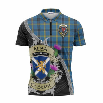 Laing Tartan Family Crest Zipper Polo Shirt Lion Rampant Royal Thistle Shield Celtic Inspired