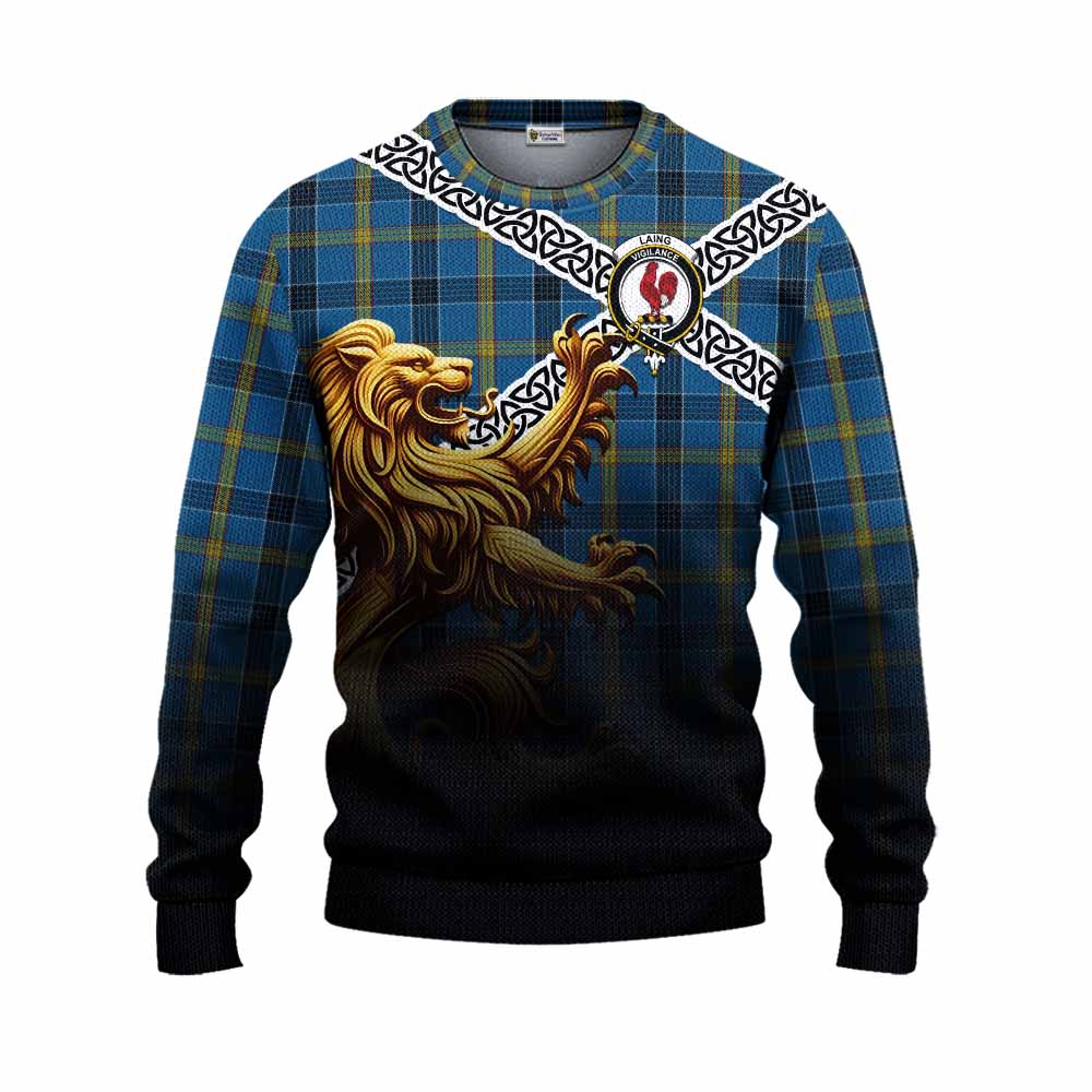 Tartan Vibes Clothing Laing Crest Tartan Knitted Sweater with Golden Lion Emblem Celtic Style