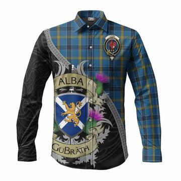 Laing Tartan Family Crest Long Sleeve Button Shirt Lion Rampant Royal Thistle Shield Celtic Inspired