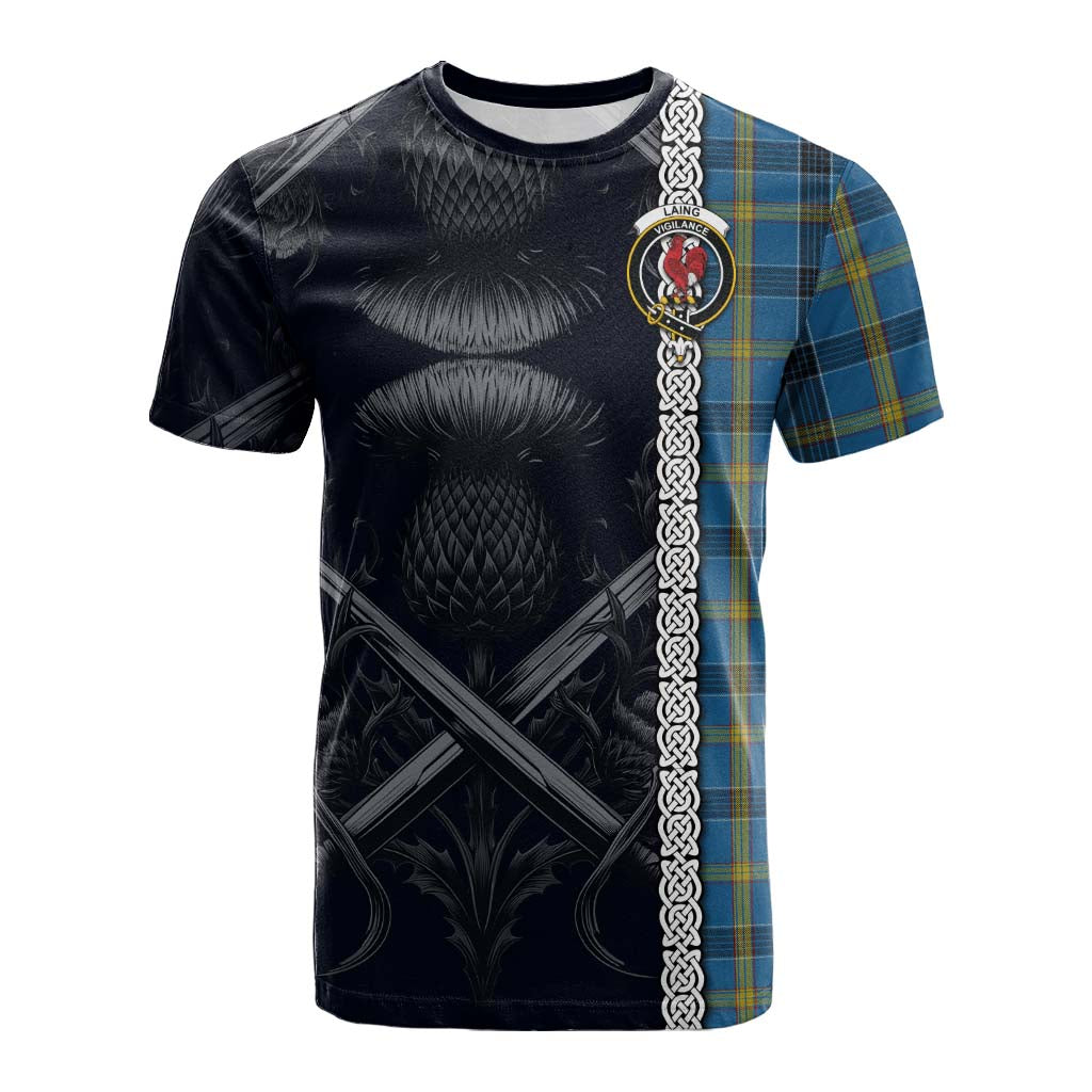 Tartan Vibes Clothing Laing Tartan Cotton T-shirt with Family Crest Cross Sword Thistle Celtic Vibes