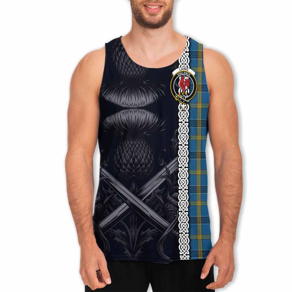 Tartan Vibes Clothing Laing Tartan Men's Tank Top with Family Crest Cross Sword Thistle Celtic Vibes