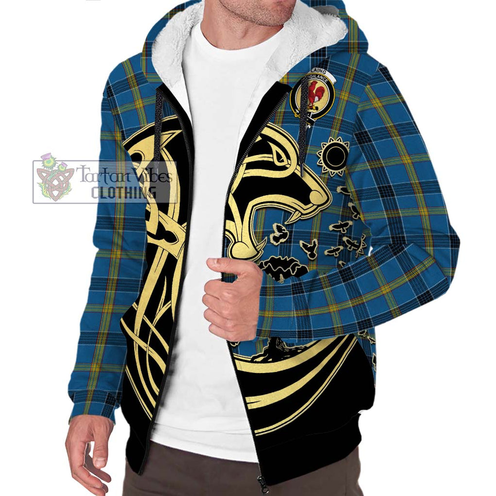 Laing Tartan Sherpa Hoodie with Family Crest Celtic Wolf Style Unisex S - Tartan Vibes Clothing