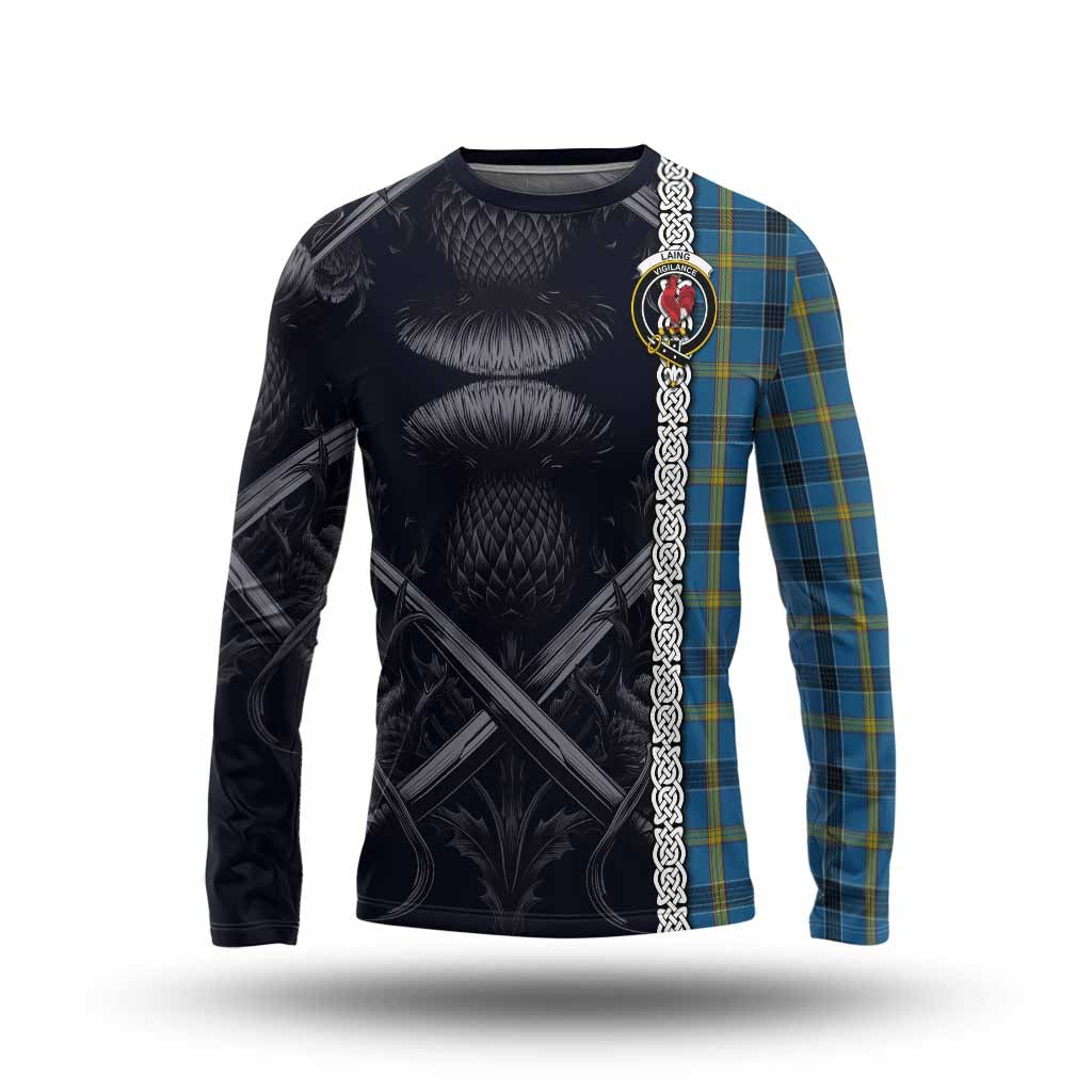 Tartan Vibes Clothing Laing Tartan Long Sleeve T-Shirt with Family Crest Cross Sword Thistle Celtic Vibes
