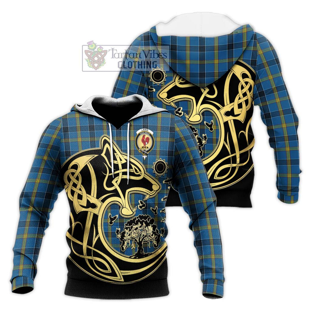 Laing Tartan Knitted Hoodie with Family Crest Celtic Wolf Style Unisex Knitted Pullover Hoodie - Tartan Vibes Clothing